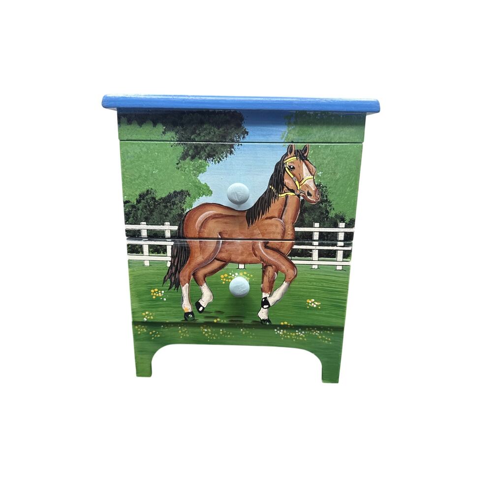 Vintage Hand-Painted Folk Art Horse 3-Drawer Miniature Chest Trinket Box